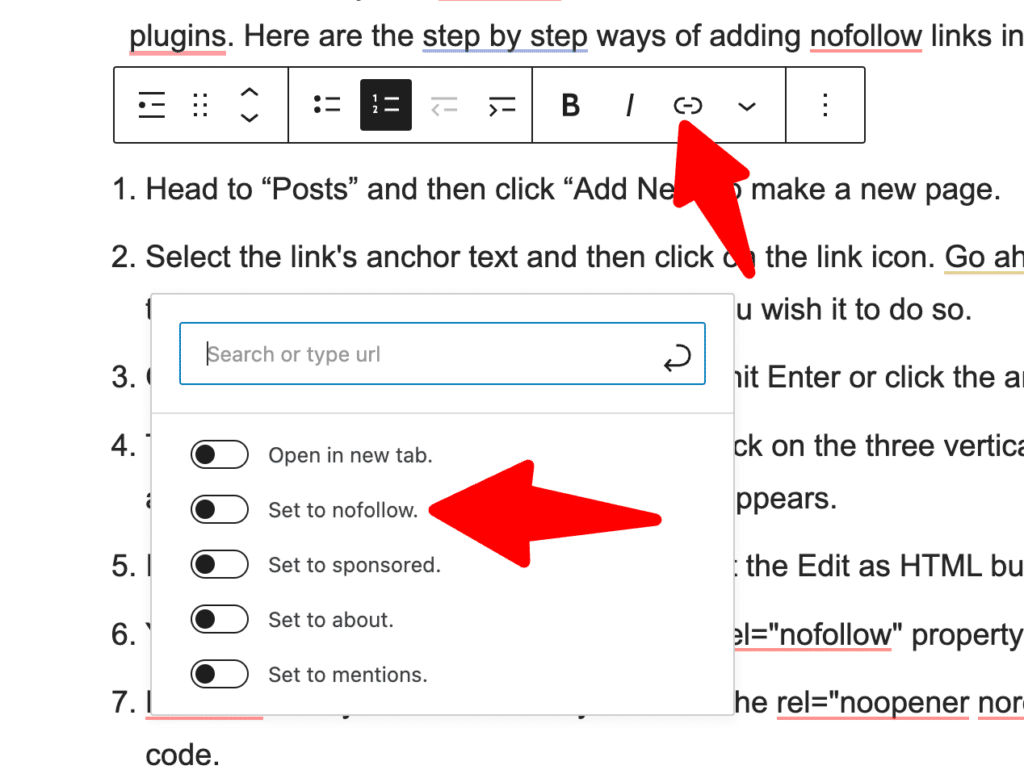 Manually adding nofollow links into WordPress Block Editor