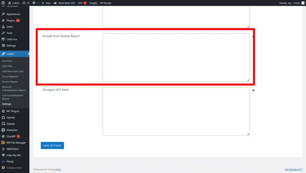 Linkilo orphan page report with option to exclude intentionally unlinked pages