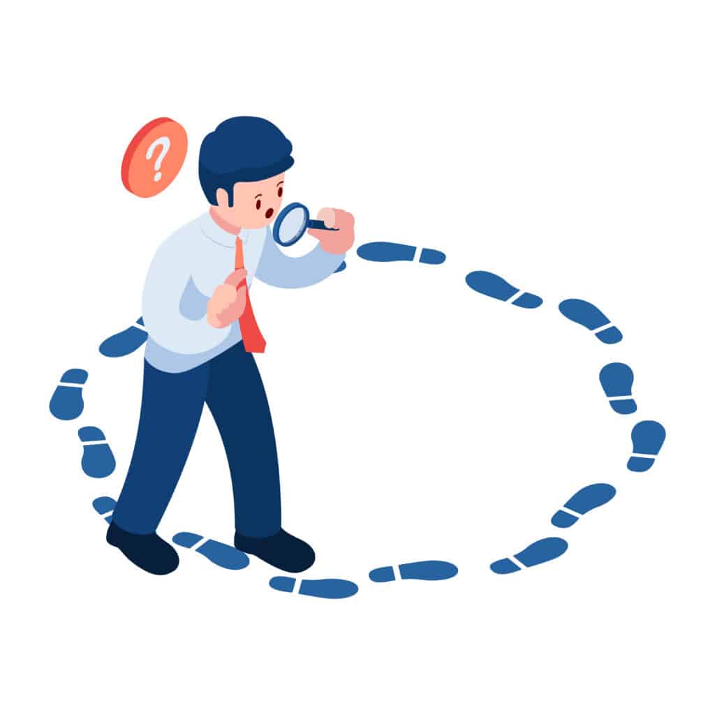 Flat 3d Isometric Businessman with Magnifying Glass Analyze Circle Footstep. Loop Routine Job and Dead-End Job Concept.