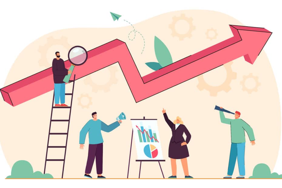 Tiny business people with growing graph of progress report. Company teamwork on performance boost, market promotion plan flat vector illustration. Success, leadership in office, achievement concept