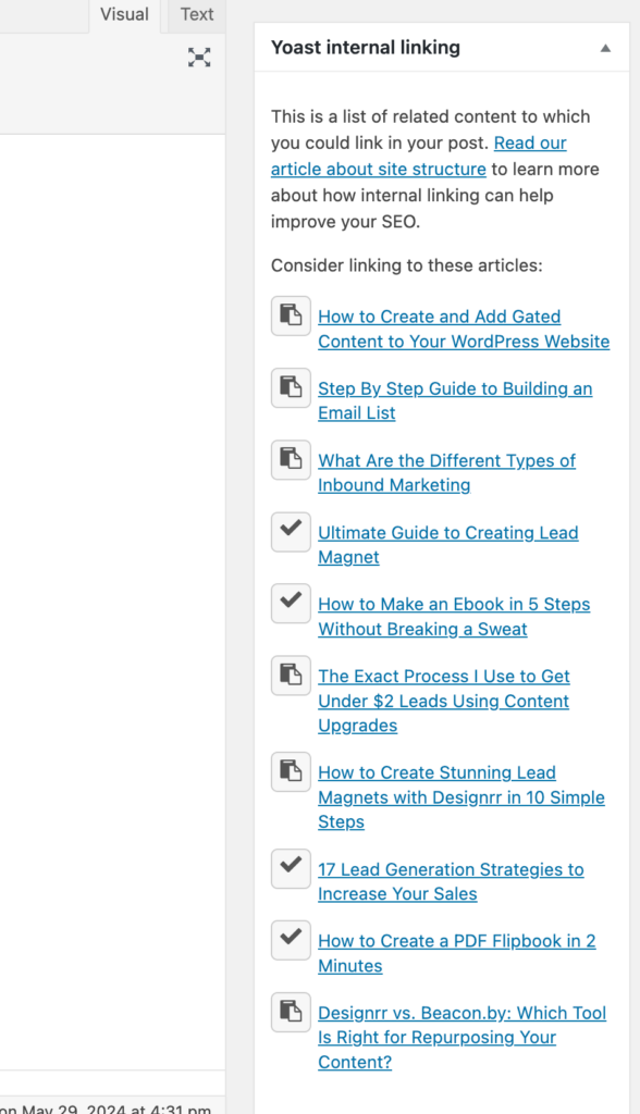 Yoast SEO internal linking suggestions panel in WordPress editor