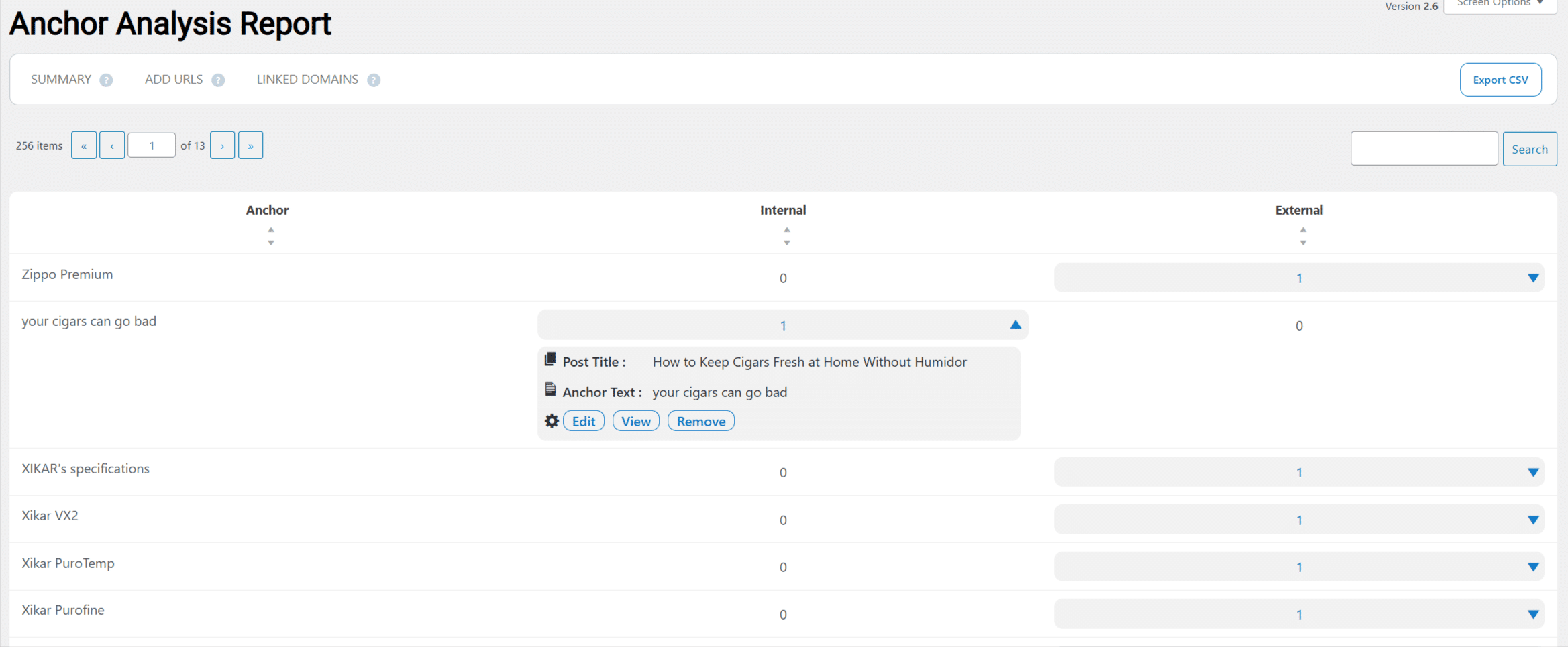 Linkilo anchor text report showing how often each anchor phrase is used across the site