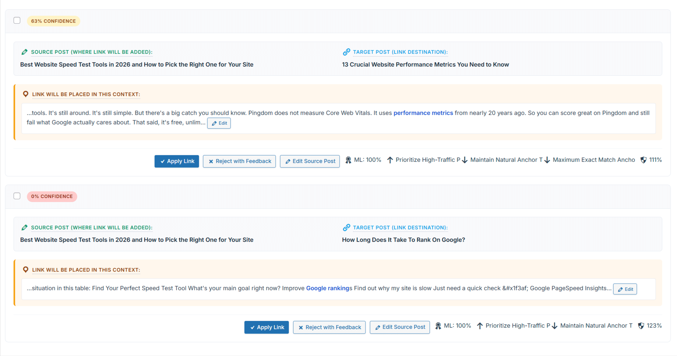 Linkilo AI suggestions view showing recommended anchor text for each internal link candidate