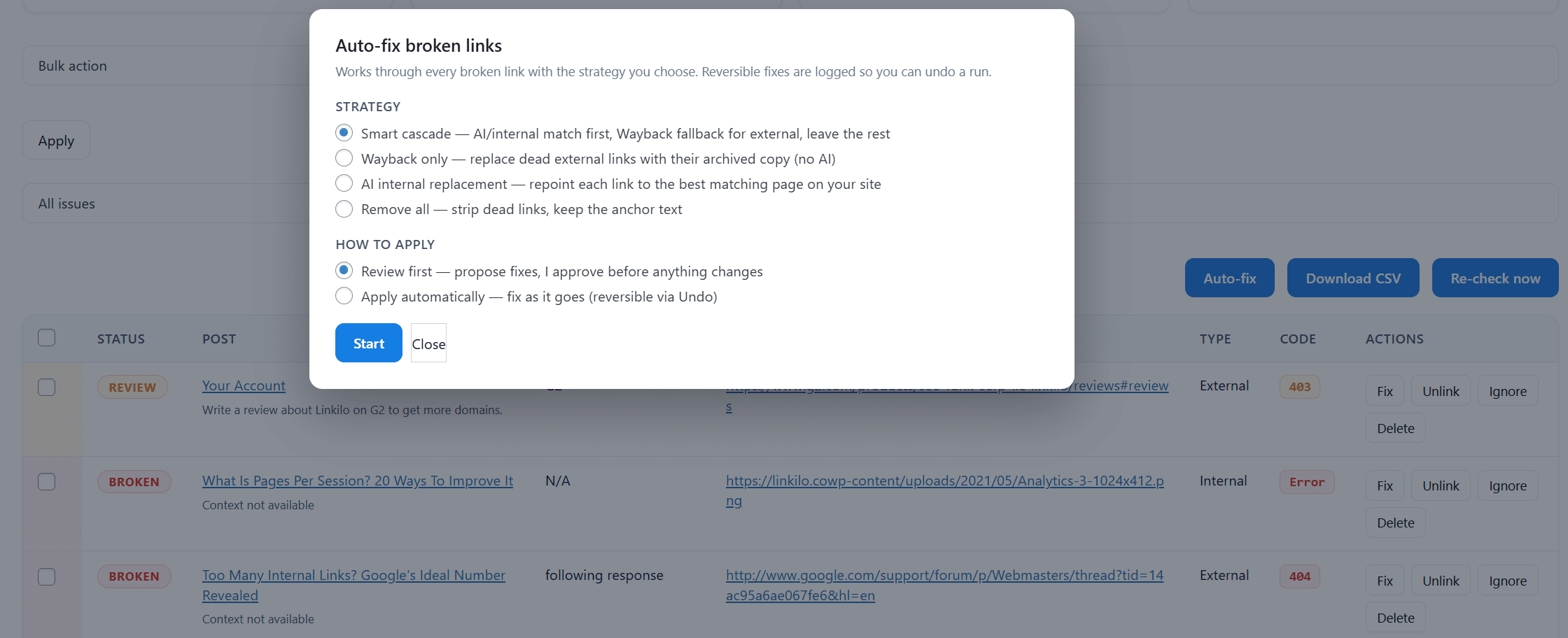 Linkilo broken link checker auto-fix showing one-click options to update or remove each broken link from the WordPress admin