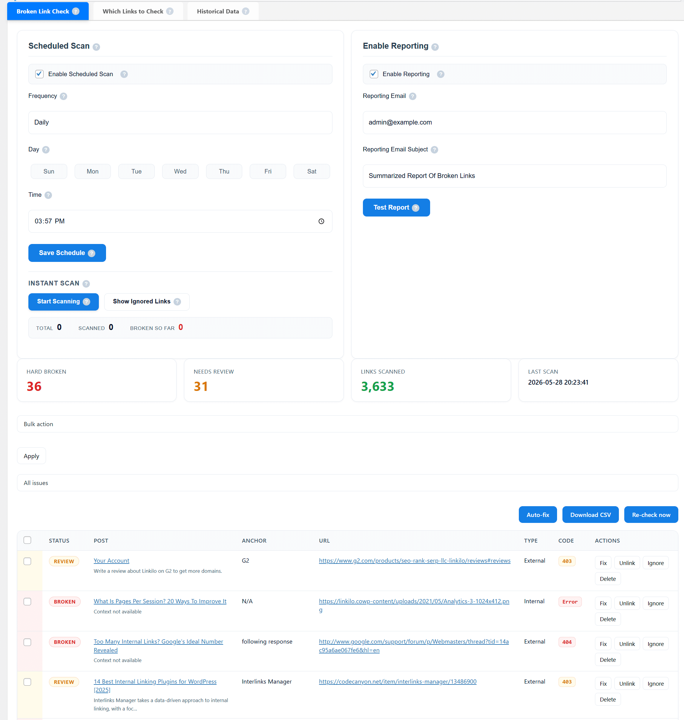 Linkilo broken link checker listing broken internal and external links with the source page, anchor text, and failing URL
