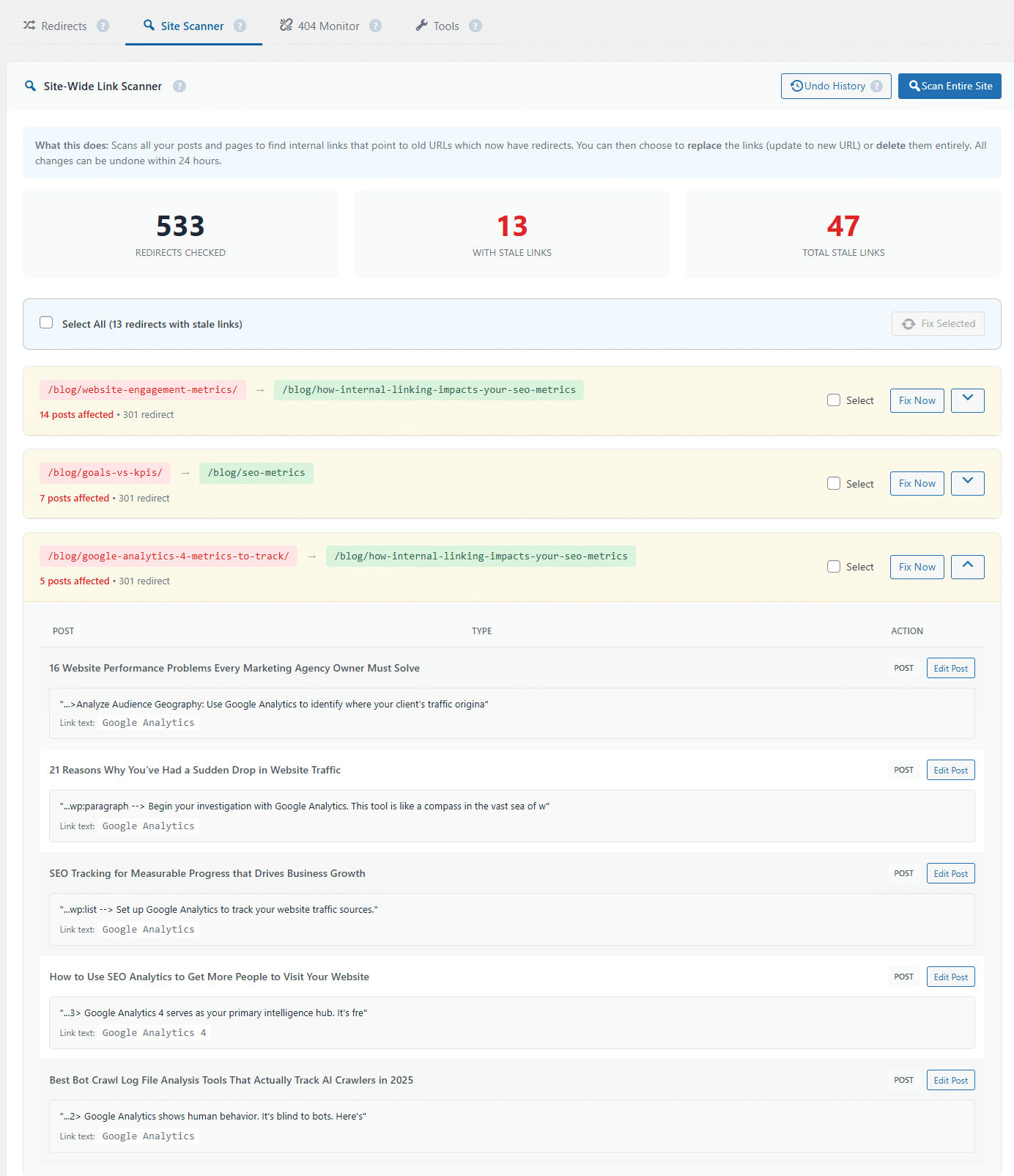 Linkilo Site Scanner showing internal links pointing to redirected URLs across 13 posts, complementing the Broken Link Checker