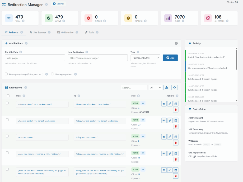 Linkilo Redirection Manager showing active redirects with source URL, destination URL, redirect type, and hit count for a WordPress site