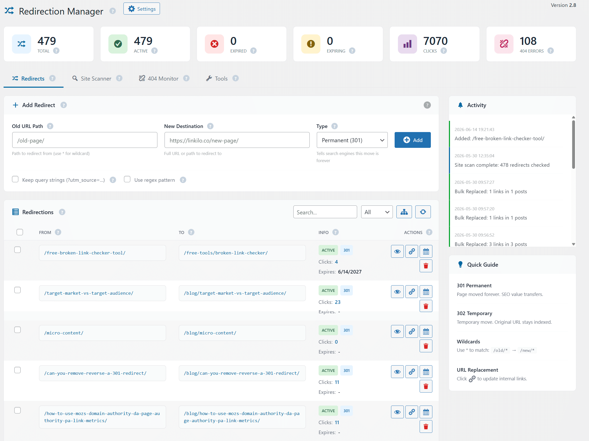 Linkilo Redirection Manager showing active redirects with source URL, destination URL, redirect type, and hit count for a WordPress site