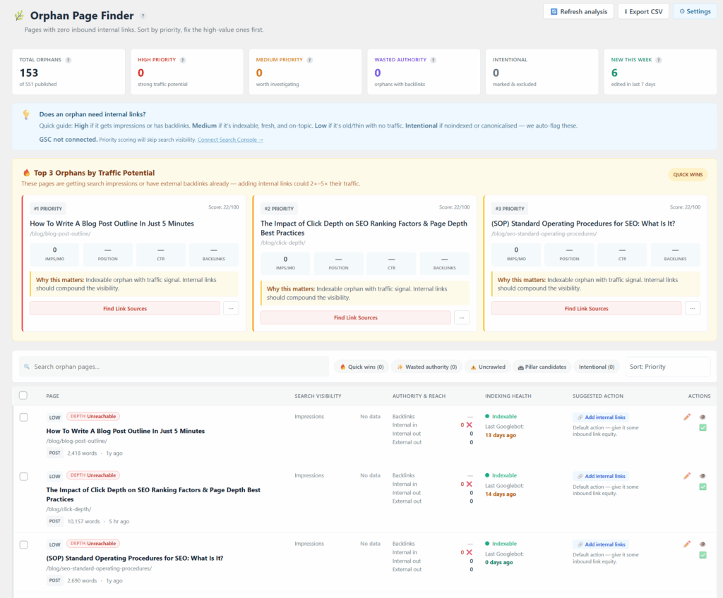 Linkilo Orphan Page Finder showing a list of WordPress pages with zero inbound internal links, grouped by post type with click-through to add links directly
