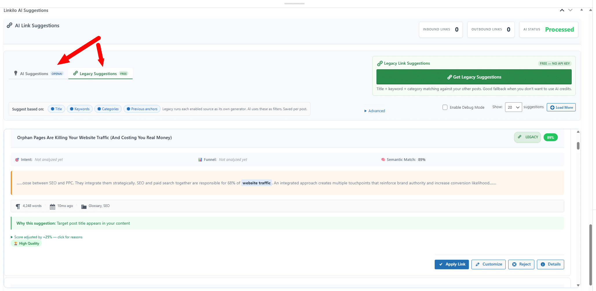 Linkilo AI link suggestions panel in the WordPress post editor showing contextually relevant internal link recommendations with anchor text and target URLs