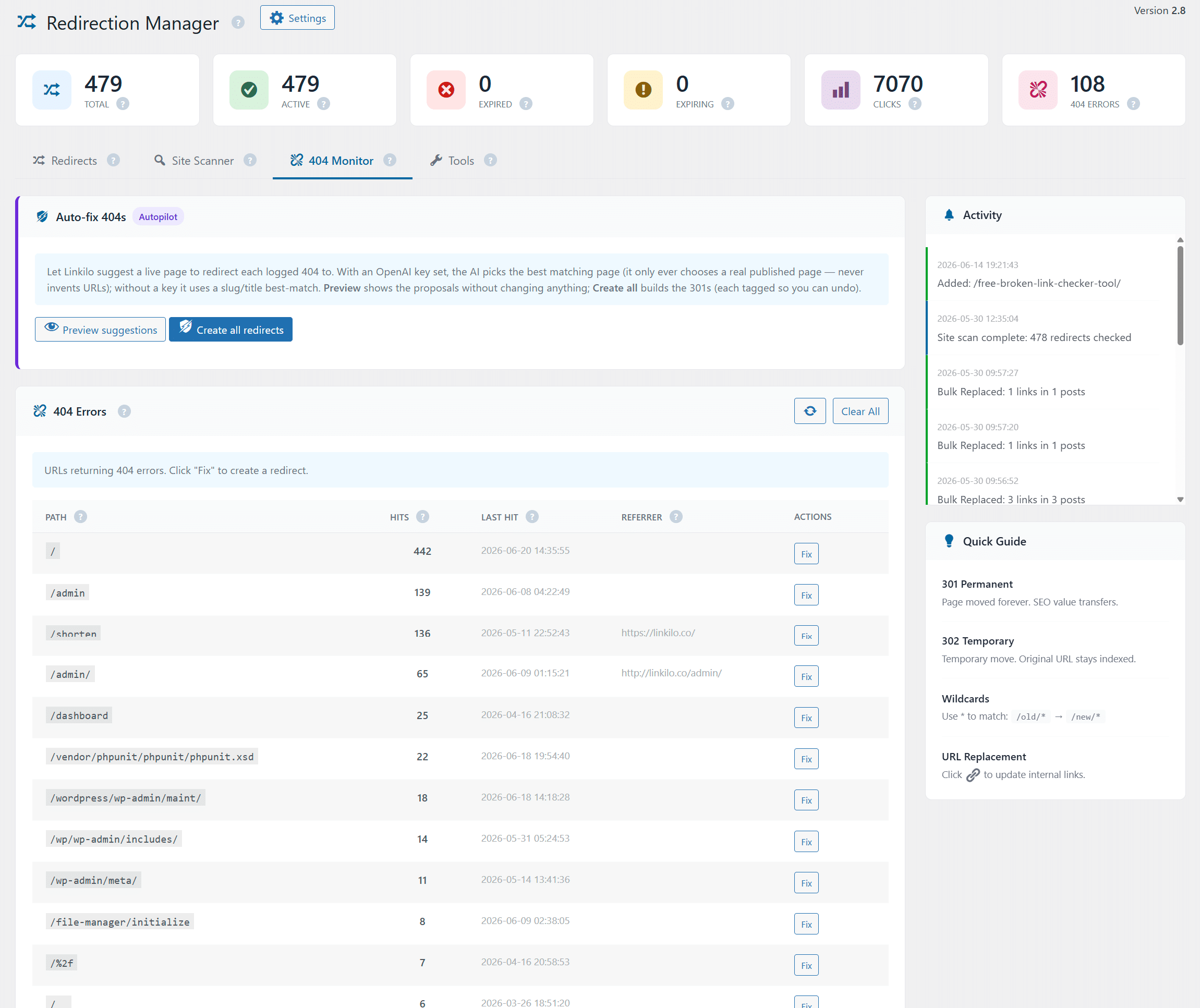 Linkilo 404 monitor listing URLs returning 404 errors with visit counts and the option to create a redirect