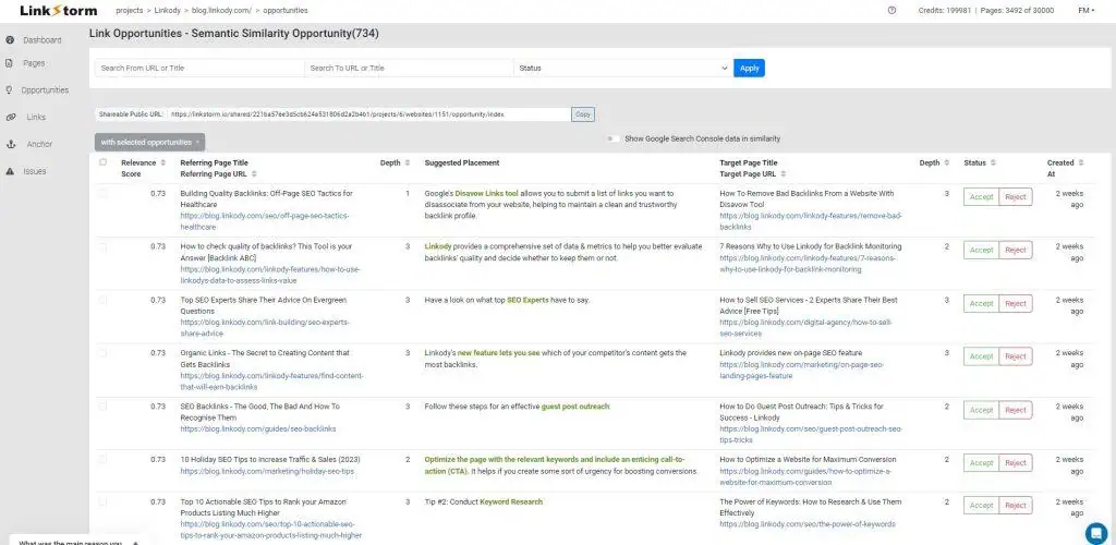 LinkStorm dashboard showing internal link opportunities with relevance scores and suggested anchor text