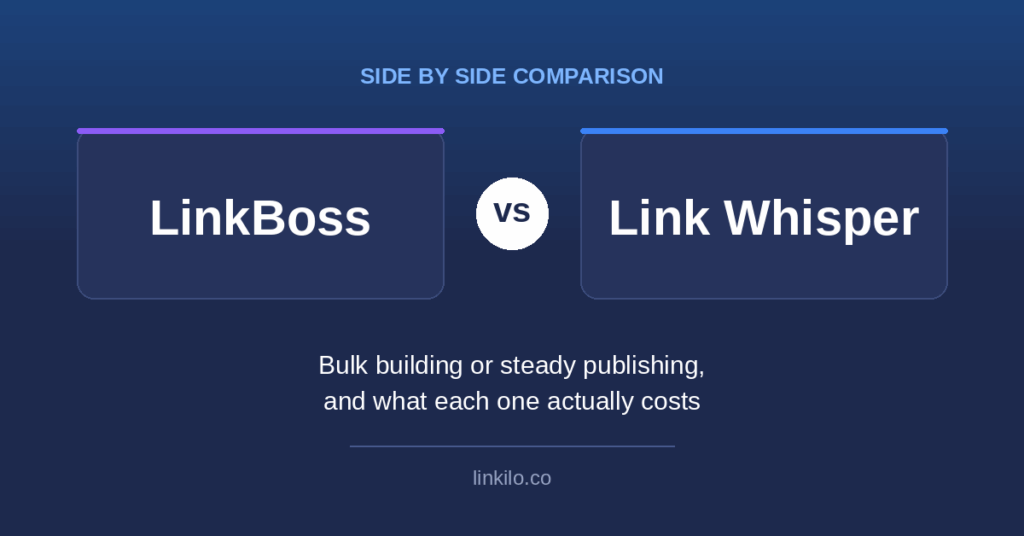 LinkBoss vs Link Whisper side by side comparison of internal linking tools