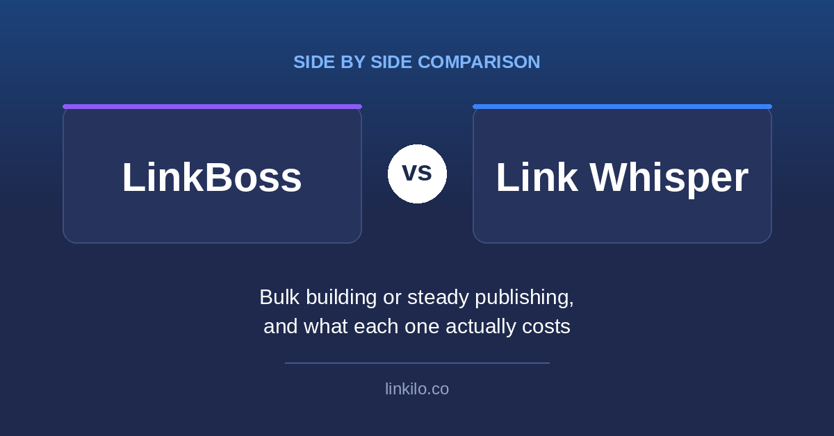 LinkBoss vs Link Whisper side by side comparison of internal linking tools
