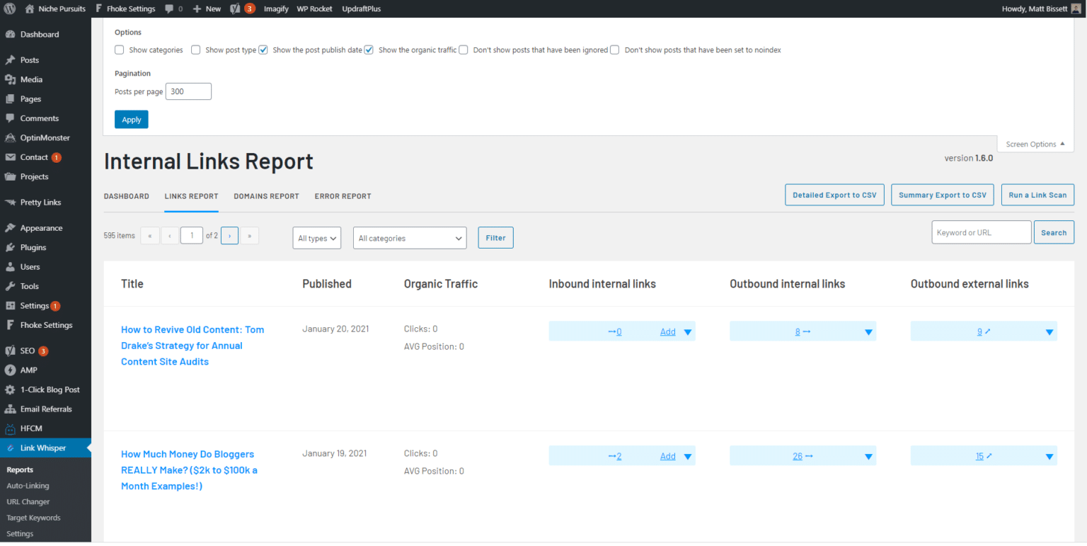 Link Whisper dashboard showing internal link suggestions inside the WordPress editor